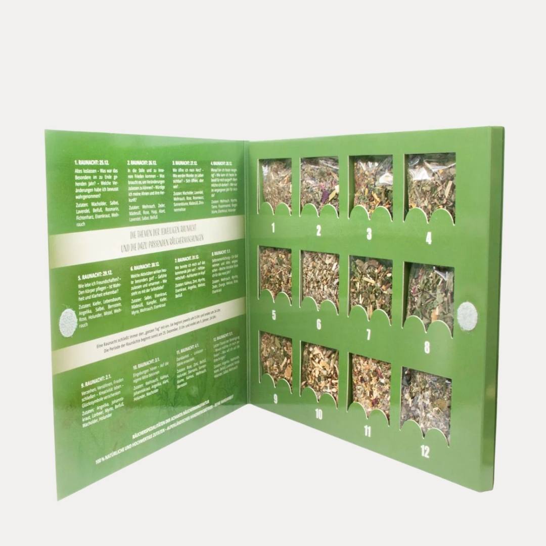 Raunachtkalender gefüllt mit 12 Räucherwerken à ca. 2g