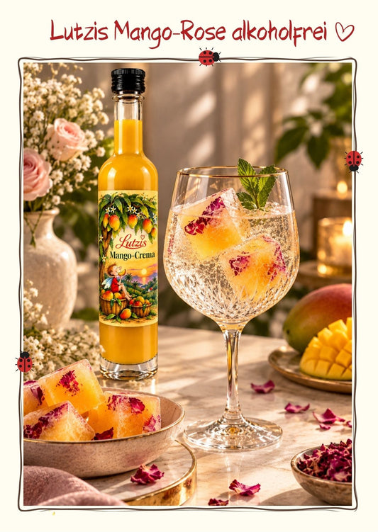 Lutzis Mango Crema mit Fruchtmus – Essigzubereitung 100 ml 4 % Säure - Lutzis Mondkalender - handgemalt aus dem Allgäu