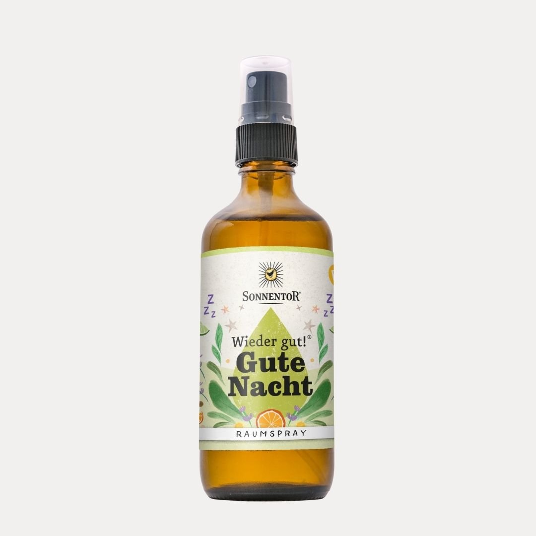 Gute Nacht Bio - Raumspray 100 ml Blumig - warm VEGAN, VEGETARISCH - Lutzis Mondkalender - handgemalt aus dem Allgäu