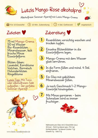 Lutzis Mango Crema mit Fruchtmus – Essigzubereitung 100 ml 4 % Säure - Lutzis Mondkalender - handgemalt aus dem Allgäu