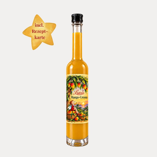 Lutzis Mango Crema mit Fruchtmus – Essigzubereitung 100 ml 4 % Säure - Lutzis Mondkalender - handgemalt aus dem Allgäu