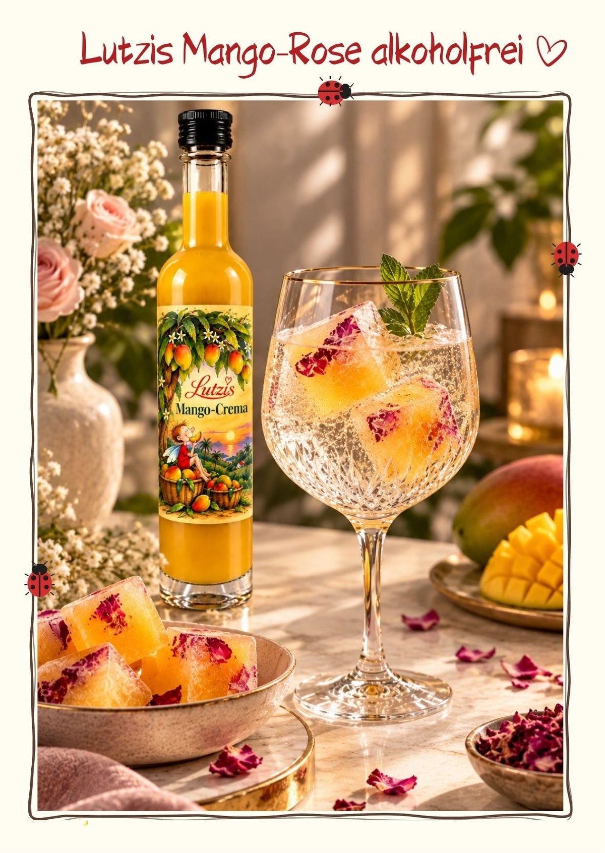 Lutzis Mango Crema mit Fruchtmus – Essigzubereitung 100 ml 4 % Säure - Lutzis Mondkalender - handgemalt aus dem Allgäu