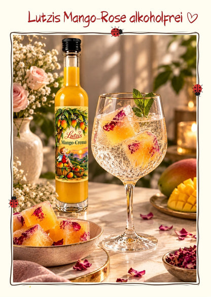 Lutzis Mango Crema mit Fruchtmus – Essigzubereitung 100 ml 4 % Säure - Lutzis Mondkalender - handgemalt aus dem Allgäu