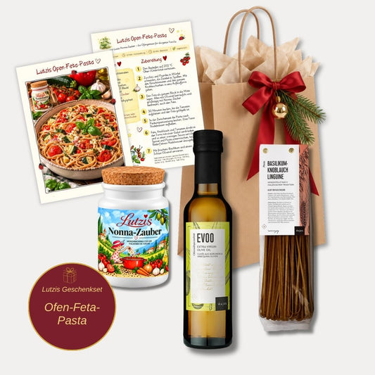 Lutzis Ofen-Feta-Pasta – Geschenkset mit Rezeptkarte - Lutzis Mondkalender - handgemalt aus dem Allgäu