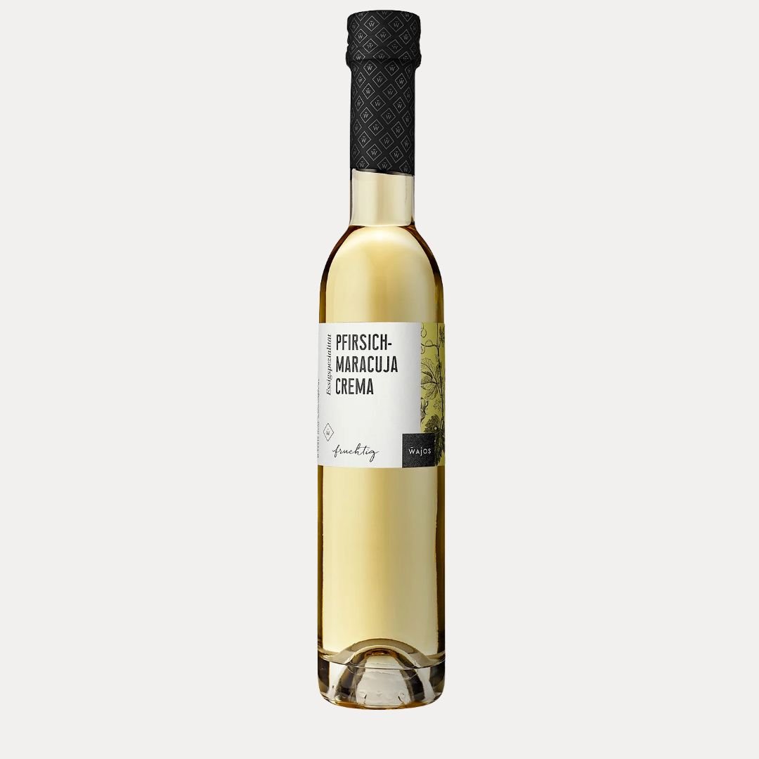 Pfirsich-Maracuja Crema – Essigzubereitung mit 3 % Säure - Lutzis Mondkalender - handgemalt aus dem Allgäu