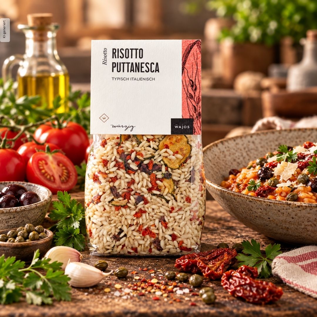 Risotto Puttanesca – typisch italienisch 300 g - Lutzis Mondkalender - handgemalt aus dem Allgäu